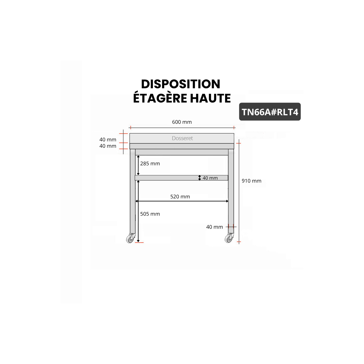 Table inox 600 x 600 mm adossée sur roulettes PREMIUM / GOLDINOX