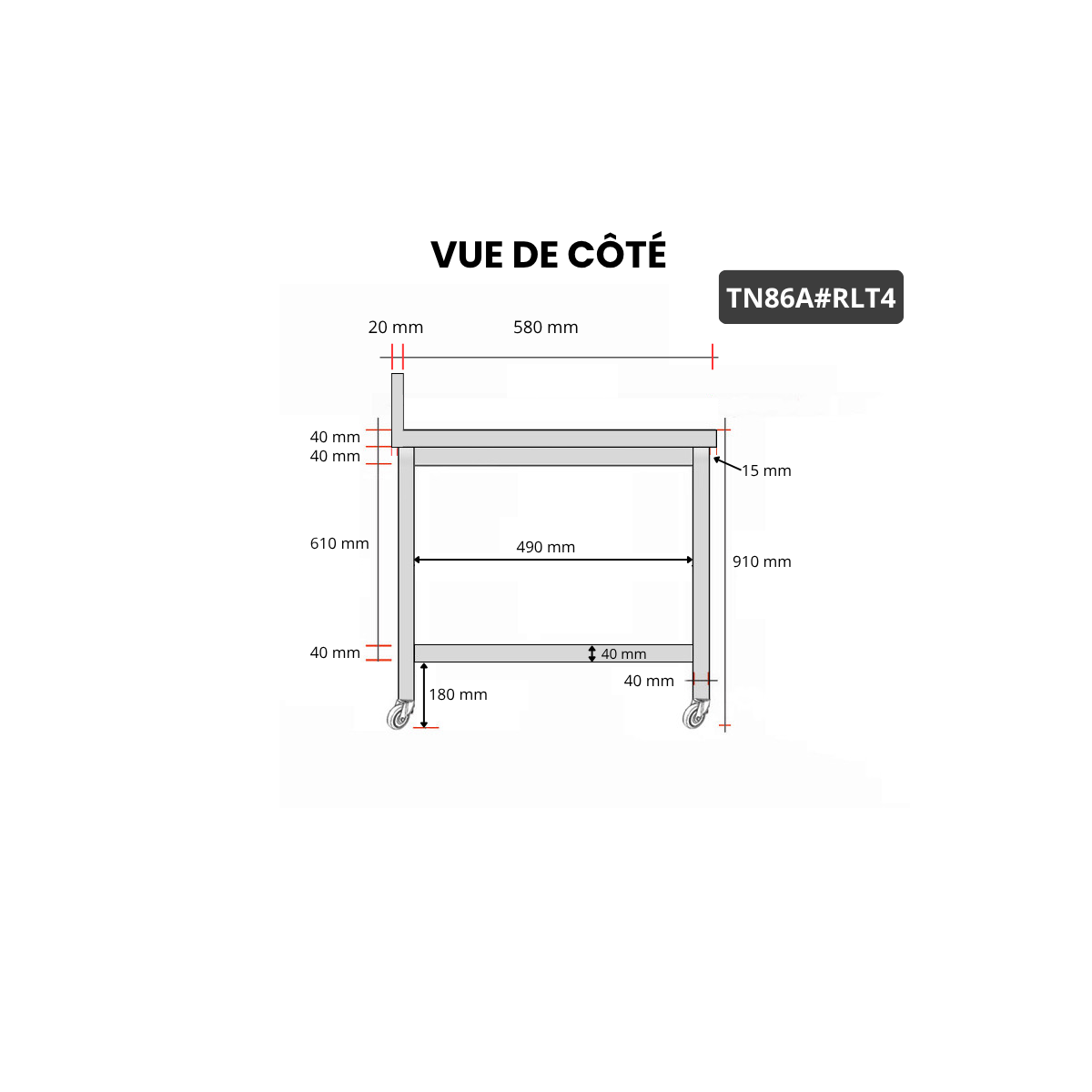 Table inox 600 x 600 mm adossée sur roulettes PREMIUM / GOLDINOX