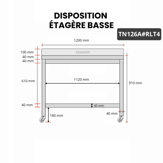 Table inox 1200 x 600 mm adossée sur roulettes PREMIUM / GOLDINOX