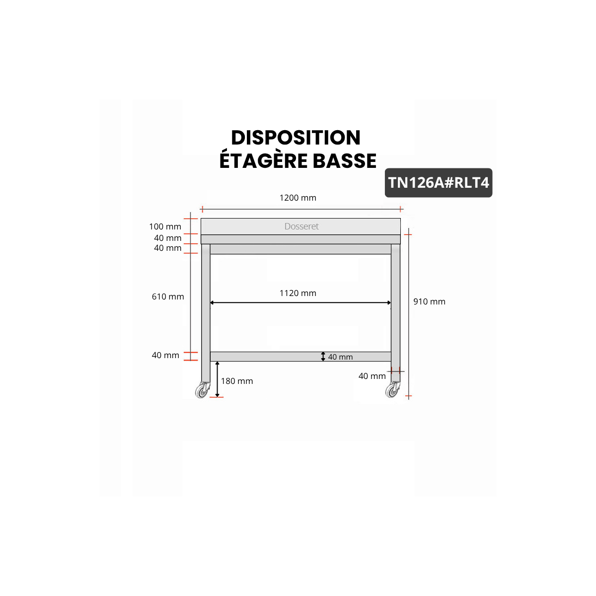 Table inox 1200 x 600 mm adossée sur roulettes PREMIUM / GOLDINOX