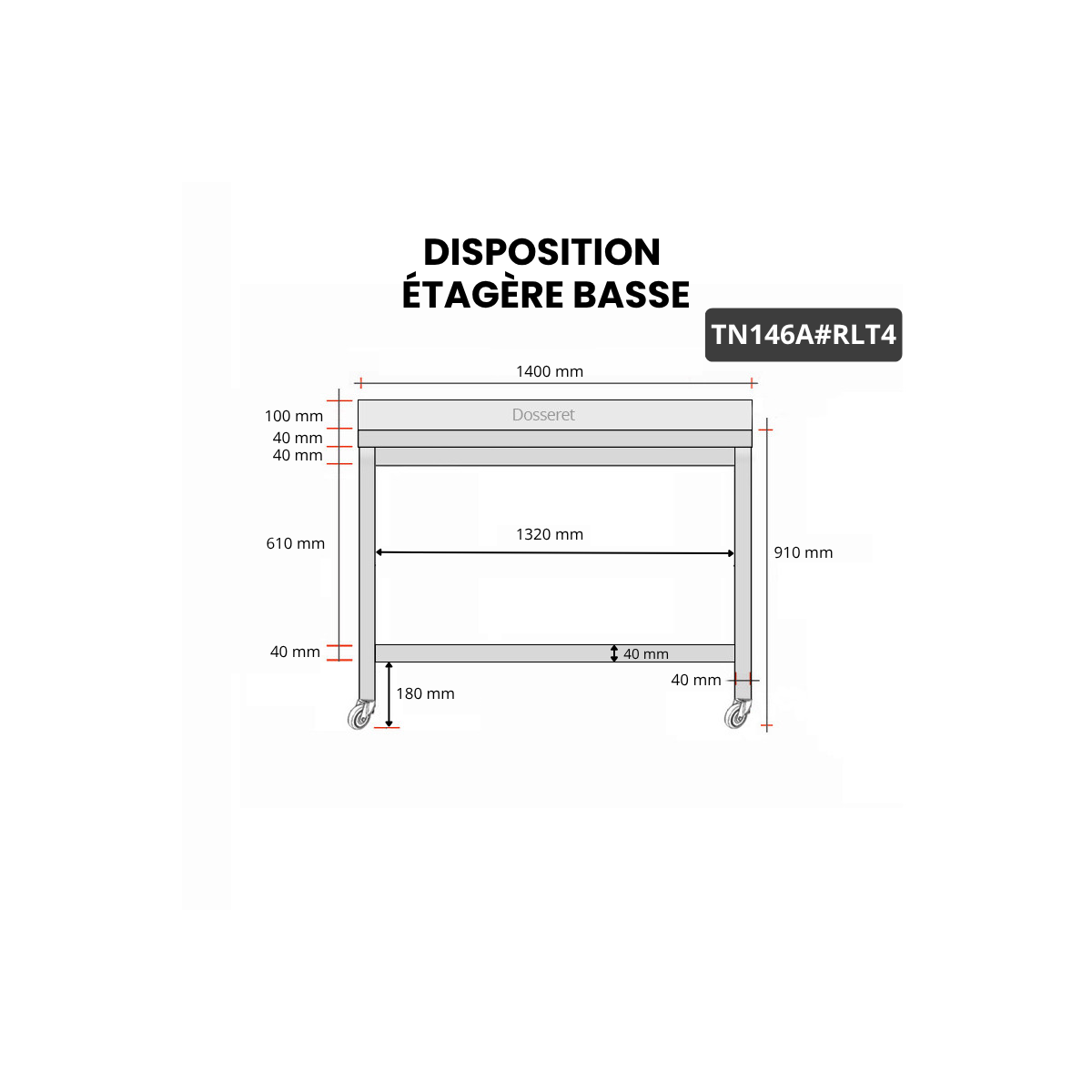 Table inox 1400 x 600 mm adossée sur roulettes PREMIUM / GOLDINOX