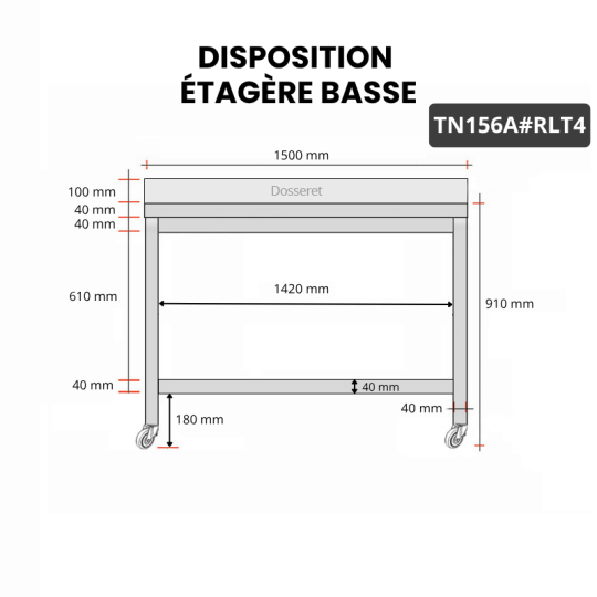 Table inox 1500 x 600 mm adossée sur roulettes PREMIUM / GOLDINOX