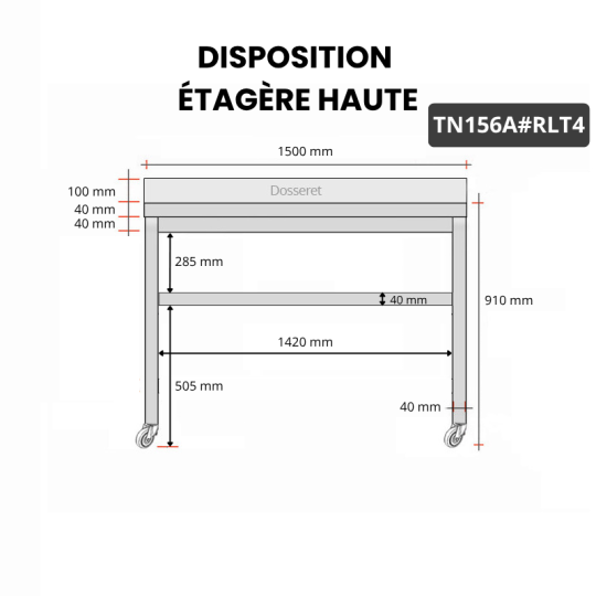 Table inox 1500 x 600 mm adossée sur roulettes PREMIUM / GOLDINOX