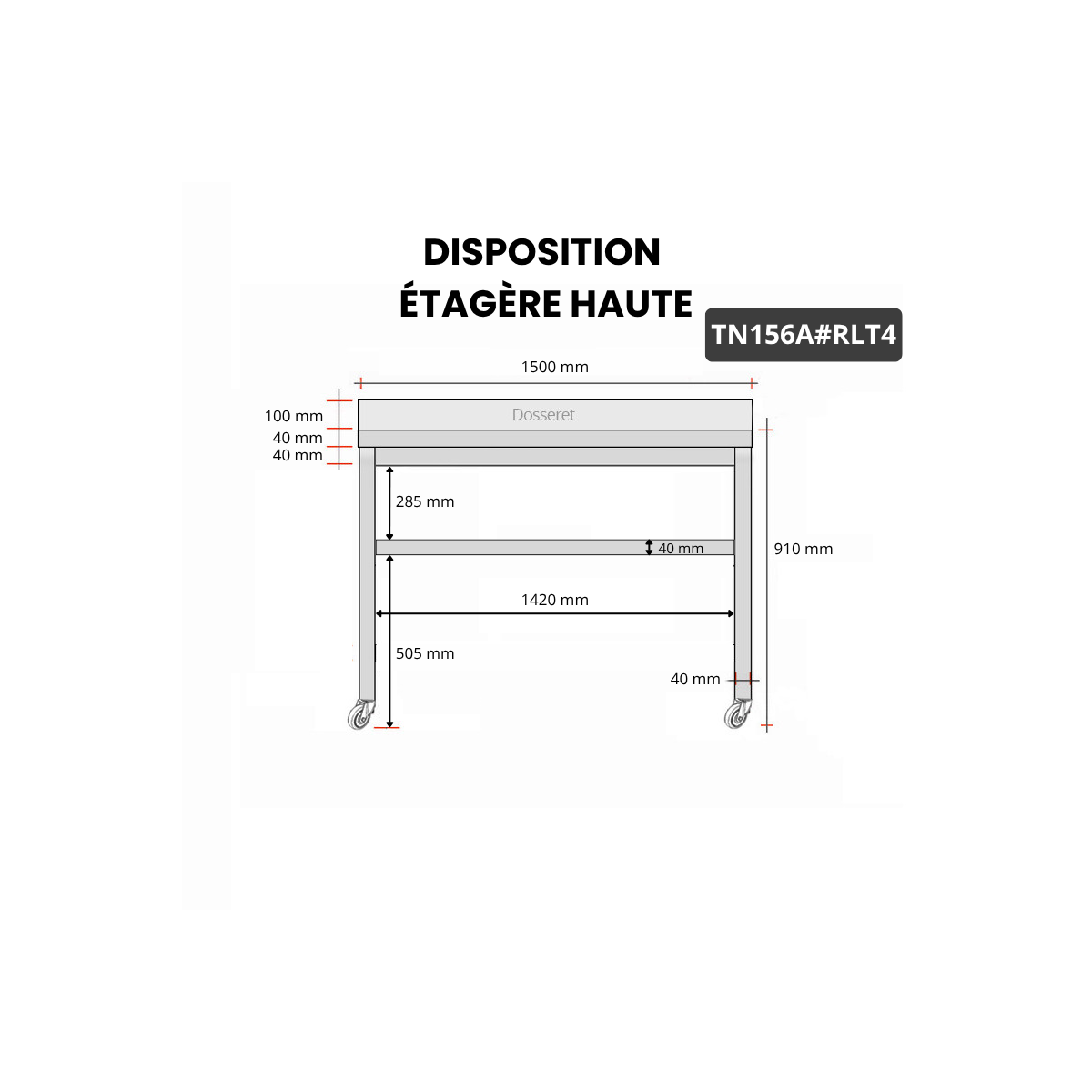 Table inox 1500 x 600 mm adossée sur roulettes PREMIUM / GOLDINOX