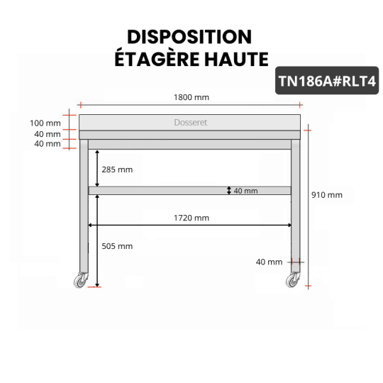 Table inox 1800 x 600 mm adossée sur roulettes PREMIUM / GOLDINOX