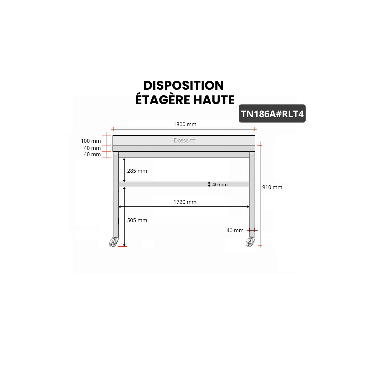 Table inox 1800 x 600 mm adossée sur roulettes PREMIUM / GOLDINOX