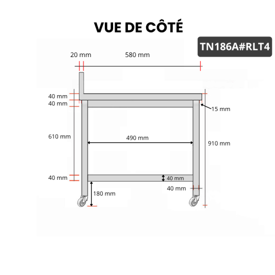 Table inox 1800 x 600 mm adossée sur roulettes PREMIUM / GOLDINOX
