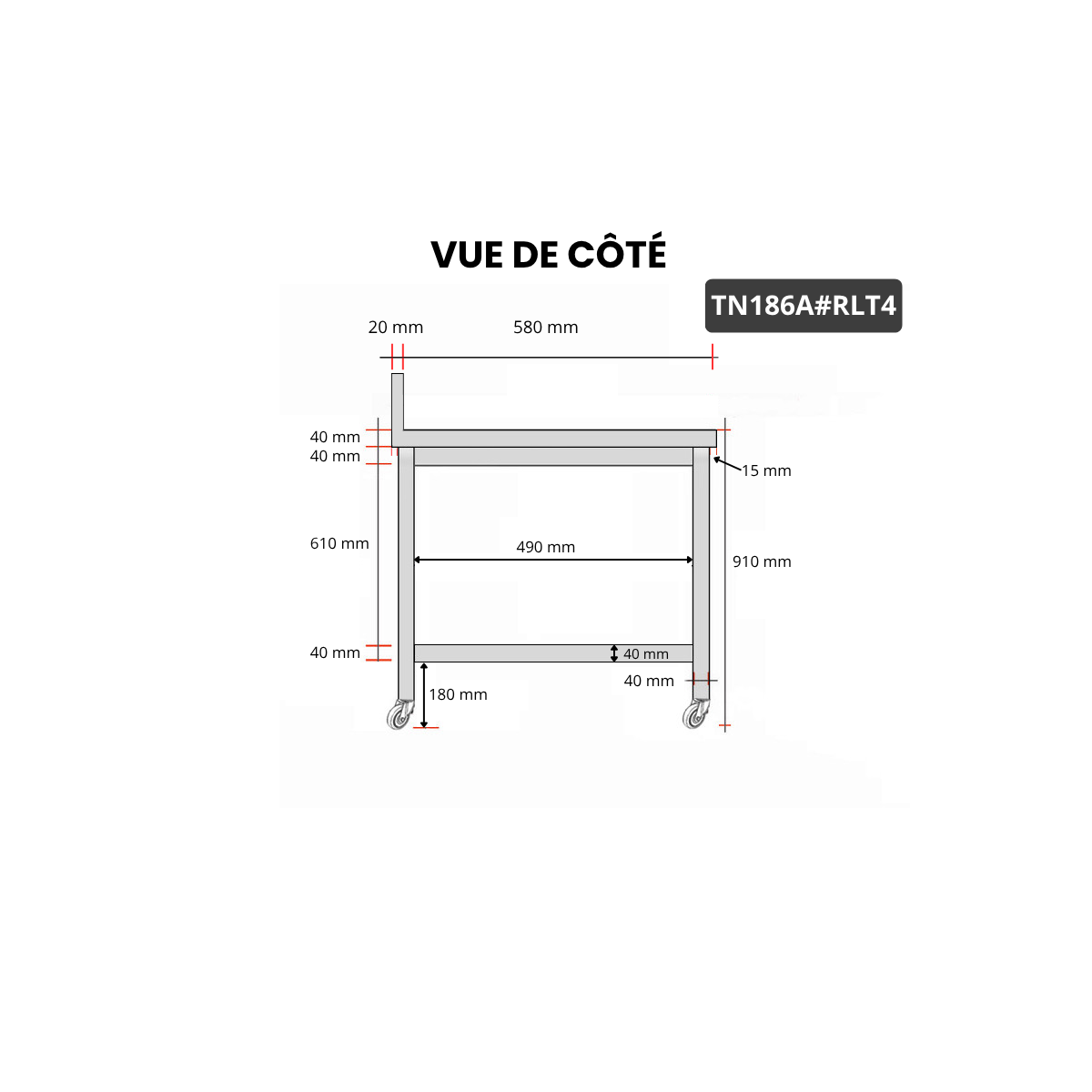 Table inox 1800 x 600 mm adossée sur roulettes PREMIUM / GOLDINOX