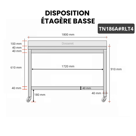 Table inox 1800 x 600 mm adossée sur roulettes PREMIUM / GOLDINOX