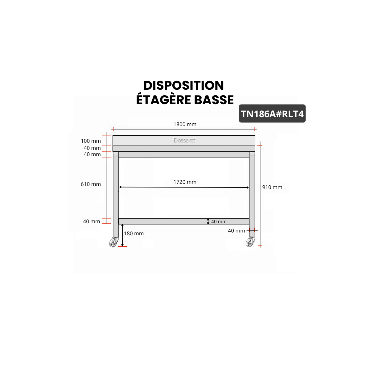 Table inox 1800 x 600 mm adossée sur roulettes PREMIUM / GOLDINOX