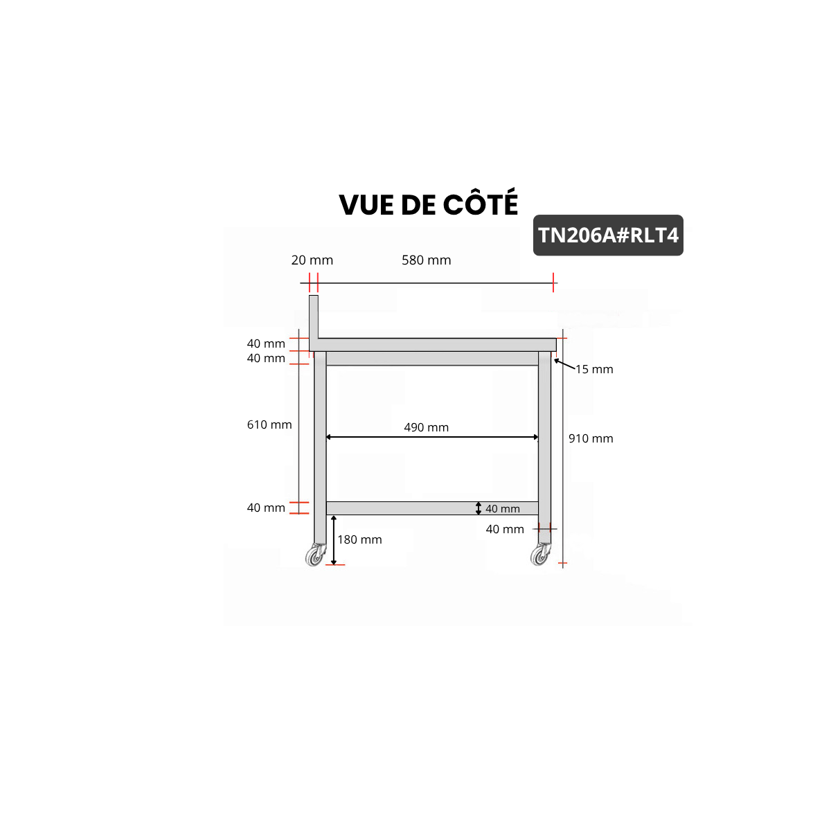 Table inox 2000 x 600 mm adossée sur roulettes PREMIUM / GOLDINOX