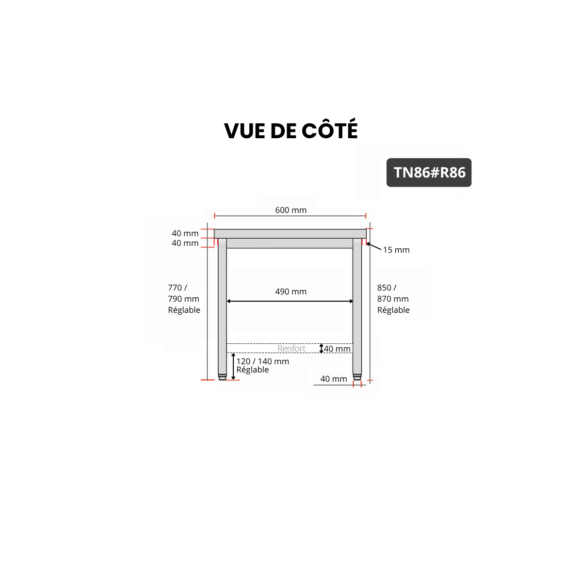 Table inox 800 x 600 mm avec renfort PREMIUM / GOLDINOX