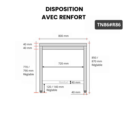 Table inox 800 x 600 mm avec renfort PREMIUM / GOLDINOX