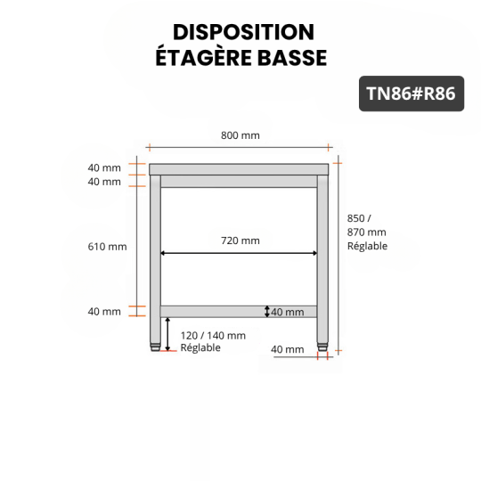 Table inox 800 x 600 mm avec renfort PREMIUM / GOLDINOX