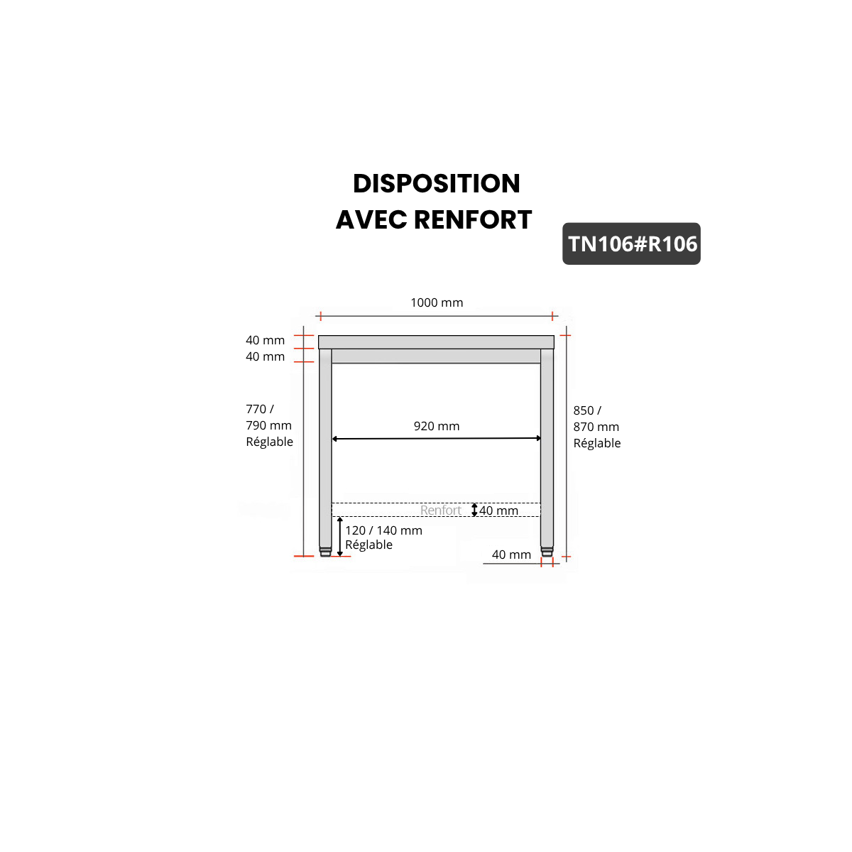 Table inox 1000 x 600 mm avec renfort PREMIUM / GOLDINOX