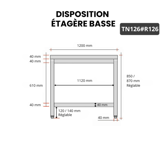 Table inox 1200 x 600 mm avec renfort PREMIUM / GOLDINOX