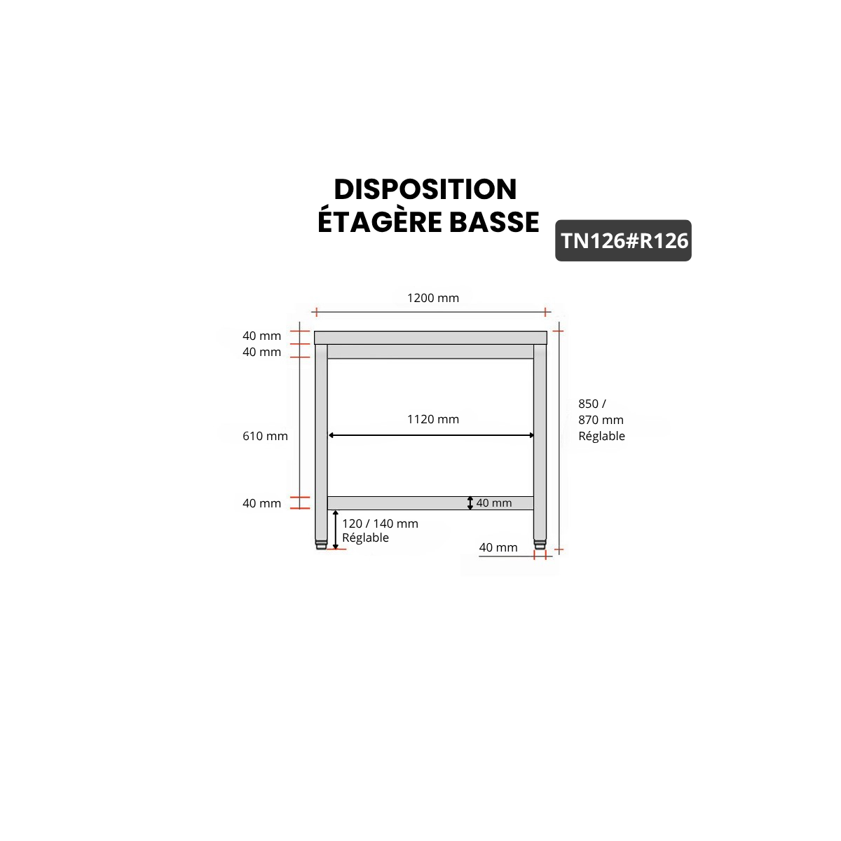 Table inox 1200 x 600 mm avec renfort PREMIUM / GOLDINOX