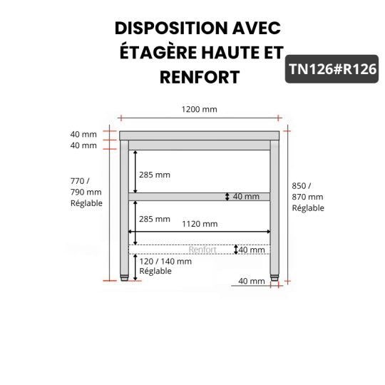 Table inox 1200 x 600 mm avec renfort PREMIUM / GOLDINOX