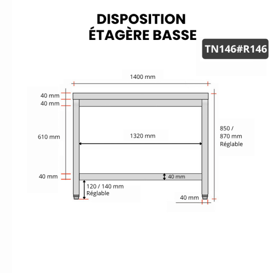 Table inox 1400 x 600 mm avec renfort PREMIUM / GOLDINOX