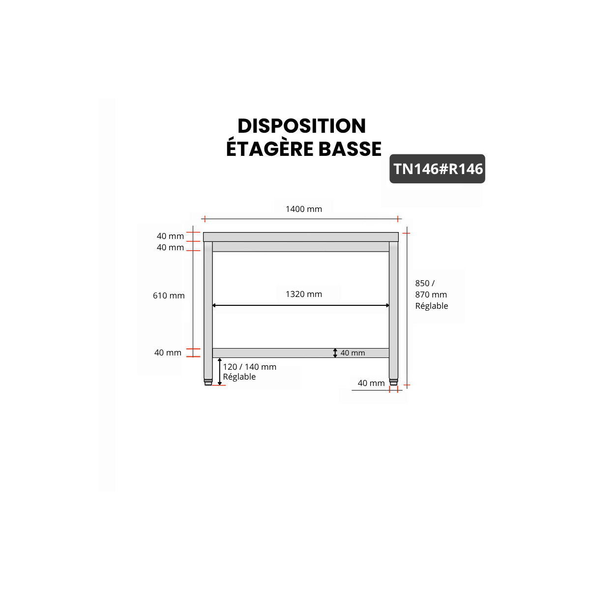 Table inox 1400 x 600 mm avec renfort PREMIUM / GOLDINOX