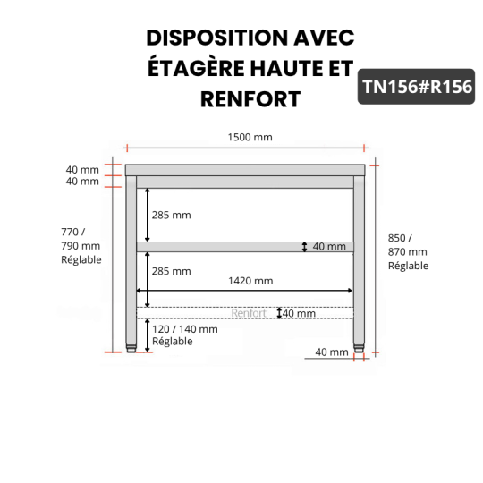Table inox 1500 x 600 mm avec renfort PREMIUM / GOLDINOX