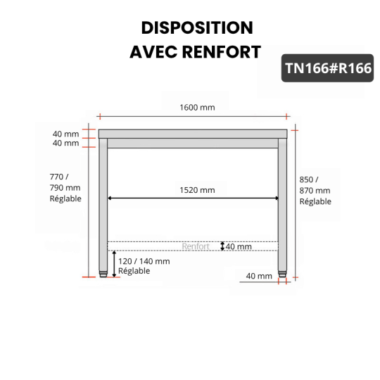 Table inox 1600 x 600 mm avec renfort PREMIUM / GOLDINOX