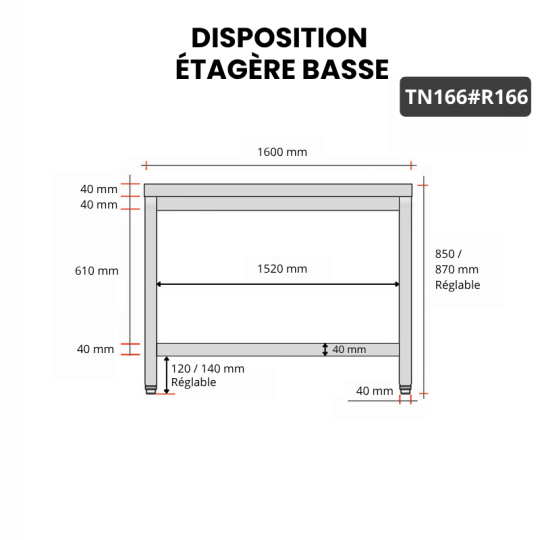 Table inox 1600 x 600 mm avec renfort PREMIUM / GOLDINOX