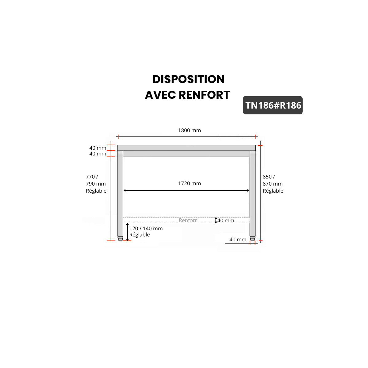 Table inox 1800 x 600 mm avec renfort PREMIUM / GOLDINOX