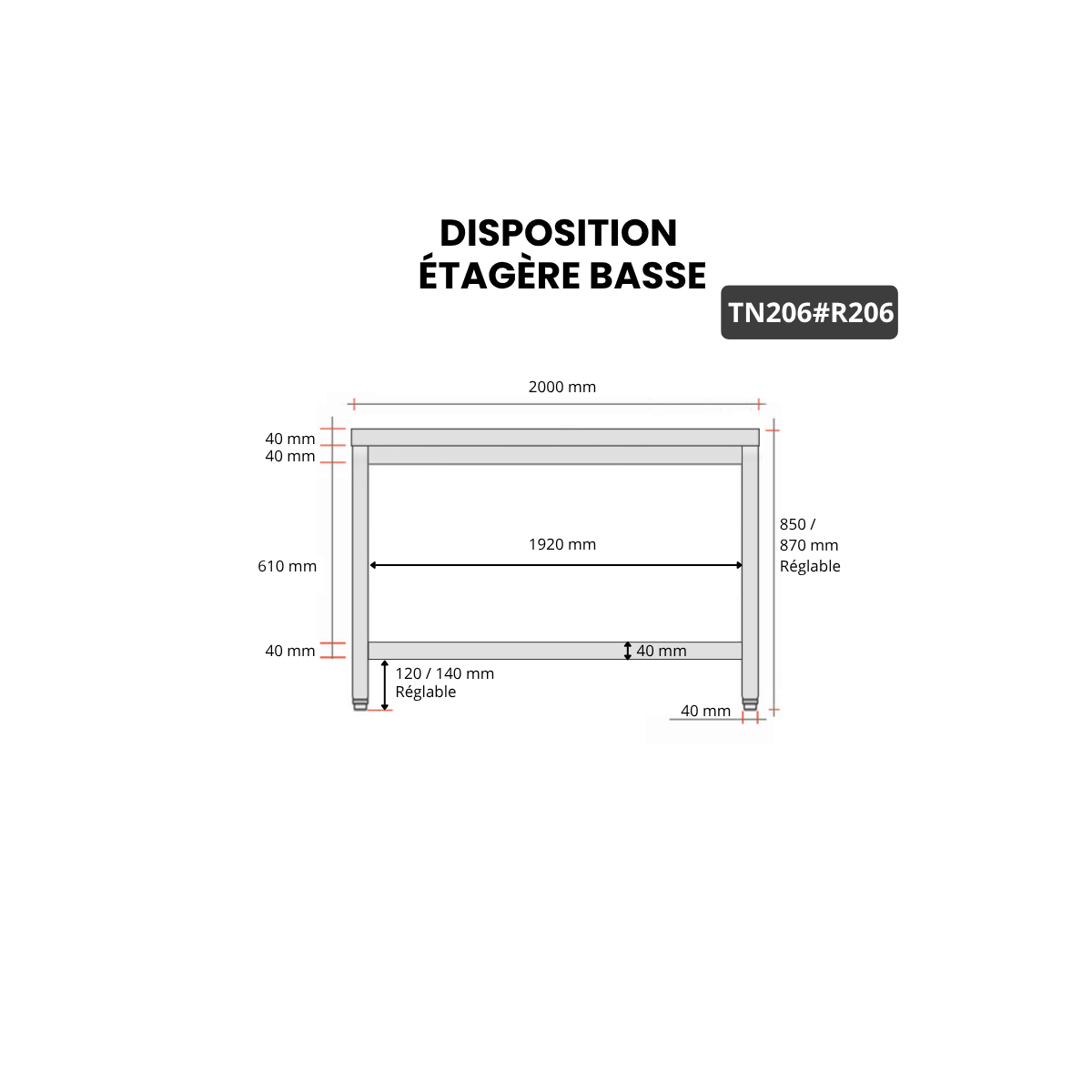 Table inox 2000 x 600 mm avec renfort PREMIUM / GOLDINOX