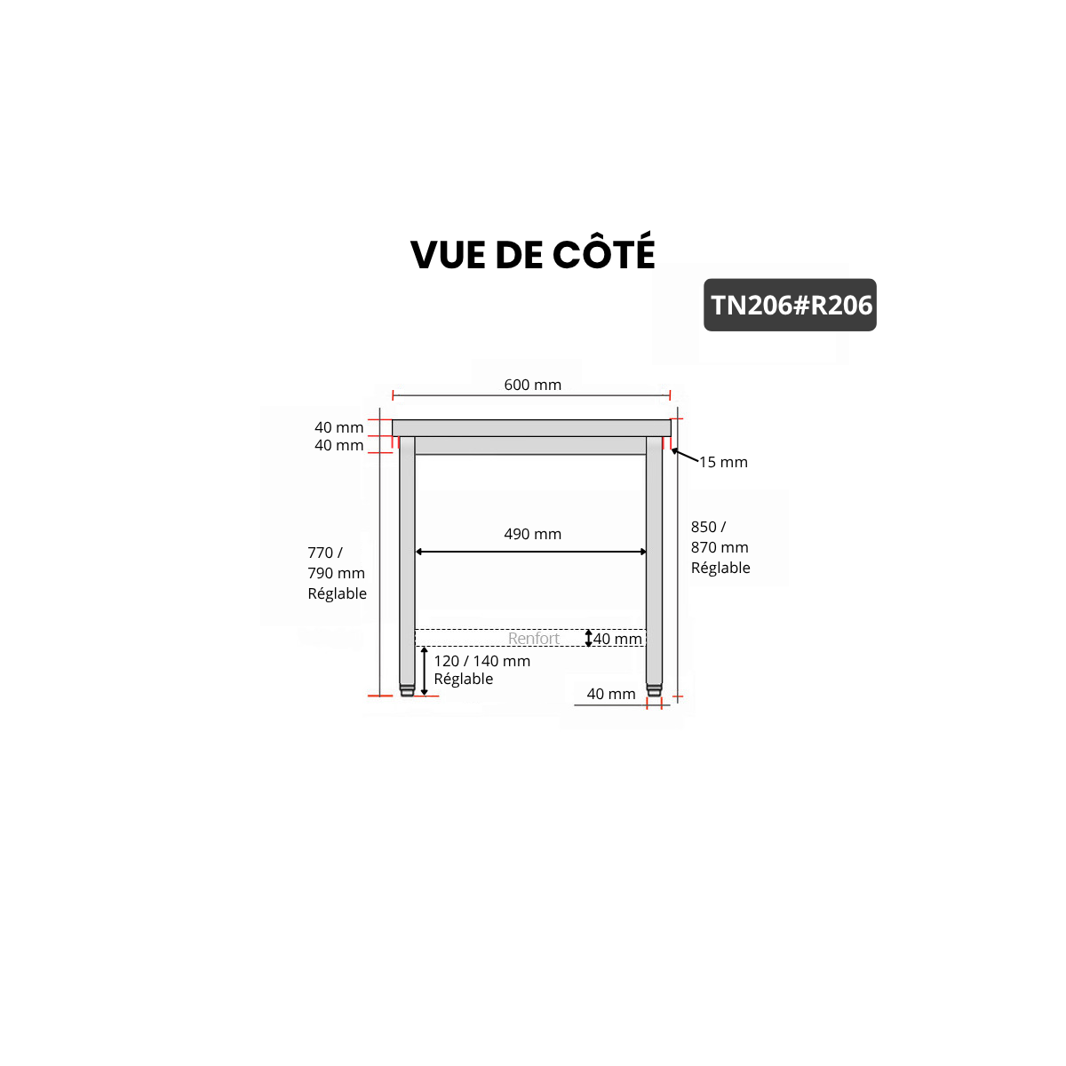 Table inox 2000 x 600 mm avec renfort PREMIUM / GOLDINOX