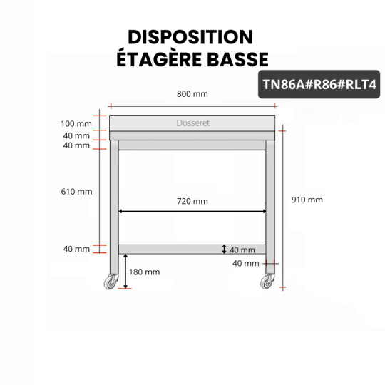 Table inox 800 x 600 mm adossée avec renfort sur roulettes / GOLDINOX