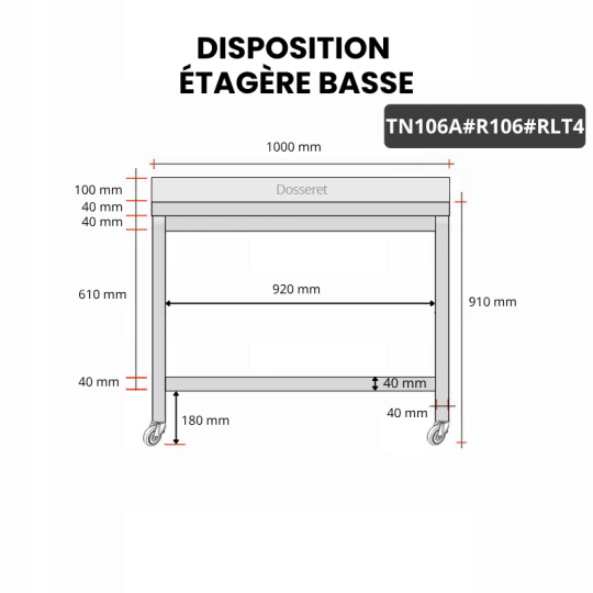 Table inox 1000 x 600 mm adossée avec renfort sur roulettes / GOLDINOX