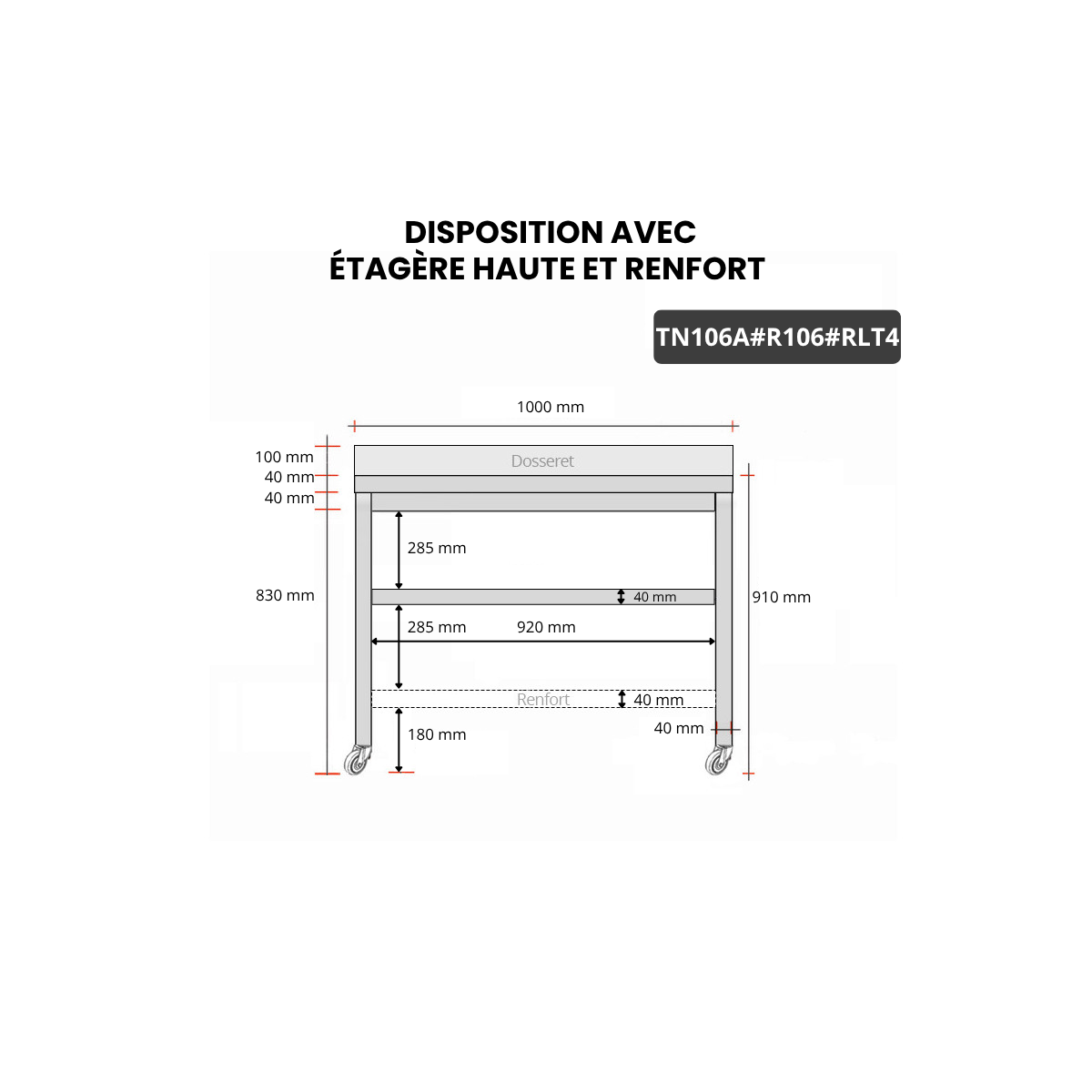Table inox 1000 x 600 mm adossée avec renfort sur roulettes / GOLDINOX