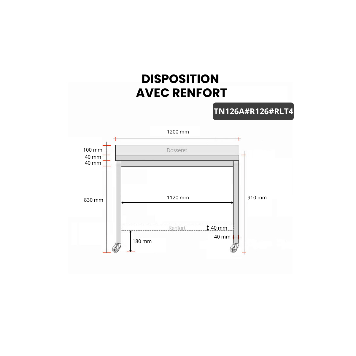 Table inox 1200 x 600 mm adossée avec renfort sur roulettes / GOLDINOX