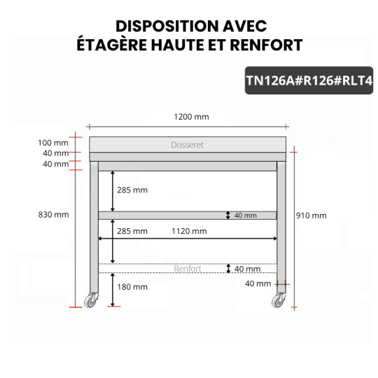 Table inox 1200 x 600 mm adossée avec renfort sur roulettes / GOLDINOX