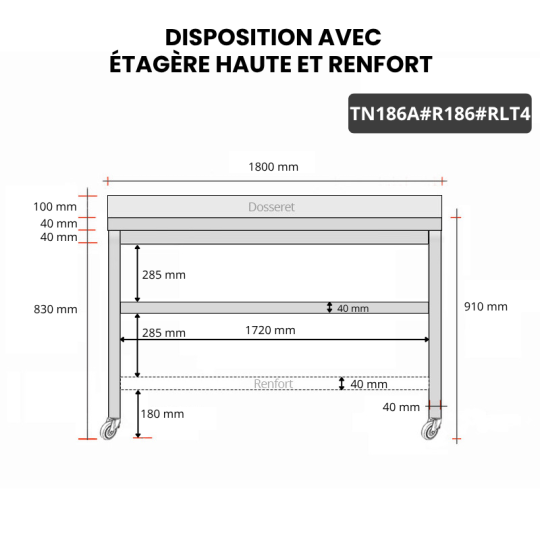 Table inox 1800 x 600 mm adossée avec renfort sur roulettes / GOLDINOX Table inox 1800 x 600 mm adossée avec renfort sur roulettes / GOLDINOX