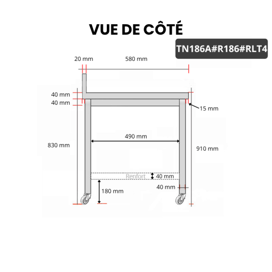 Table inox 1800 x 600 mm adossée avec renfort sur roulettes / GOLDINOX Table inox 1800 x 600 mm adossée avec renfort sur roulettes / GOLDINOX
