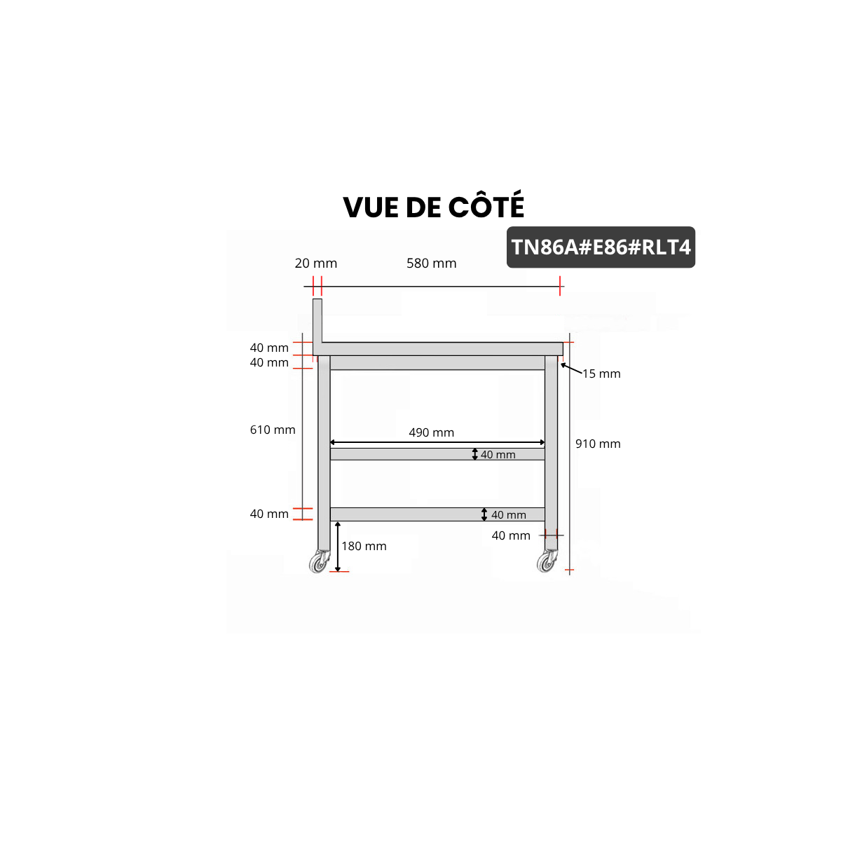 Table inox 800 x 600 mm adossée avec 2 étagères sur roulettes / GOLDINOX