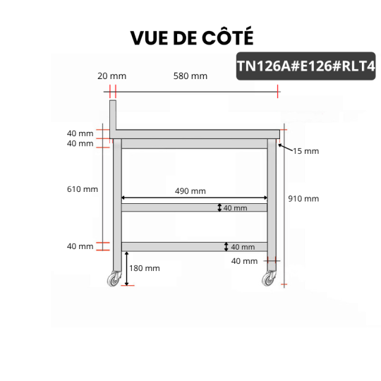 Table inox 1200 x 600 mm adossée avec 2 étagères sur roulettes / GOLDINOX