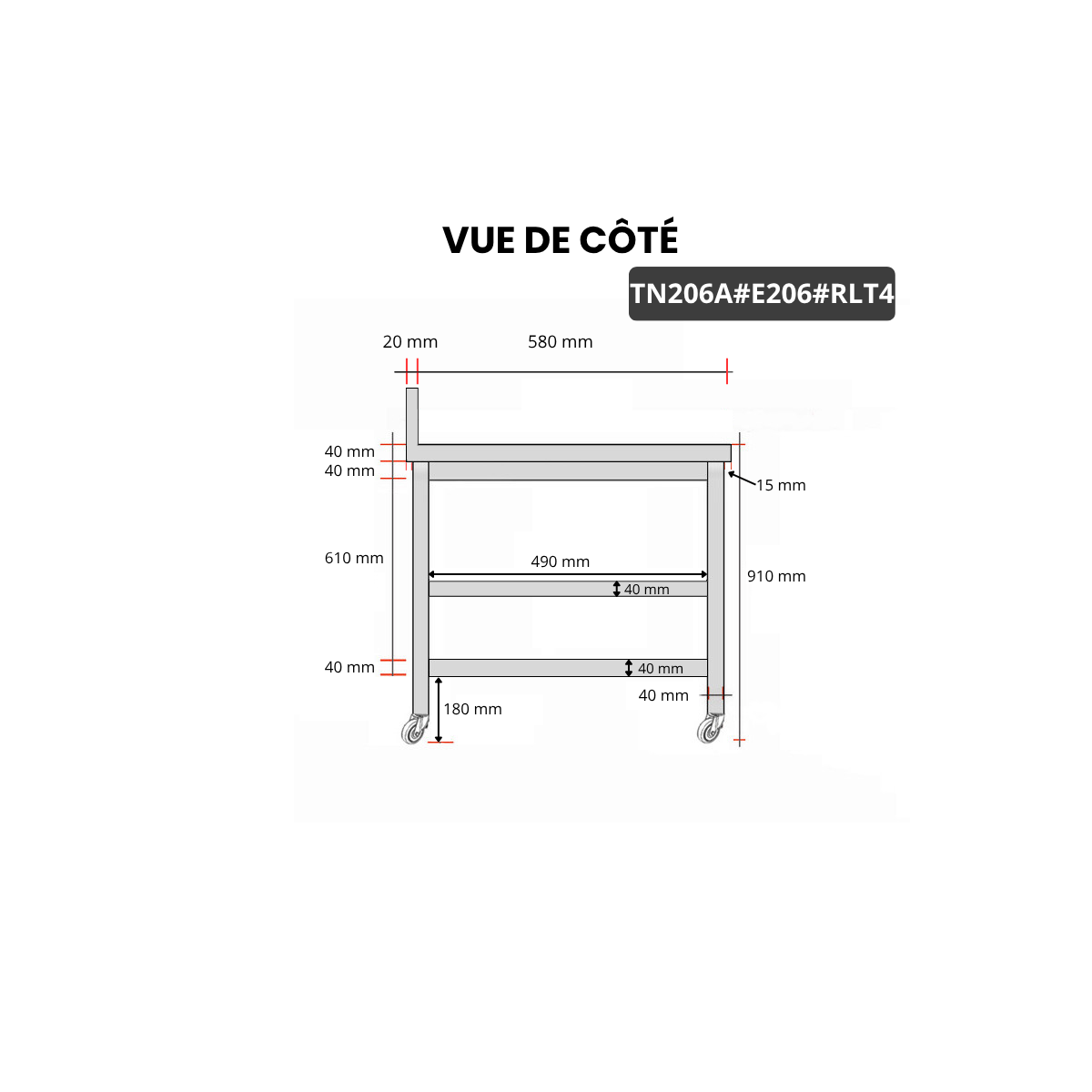 Table inox 2000 x 600 mm adossée avec 2 étagères sur roulettes / GOLDINOX