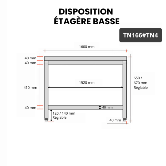 Table inox soubassement 1600 x 600 mm / GOLDINOX
