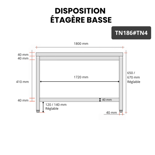 Table inox soubassement 1800 x 600 mm / GOLDINOX