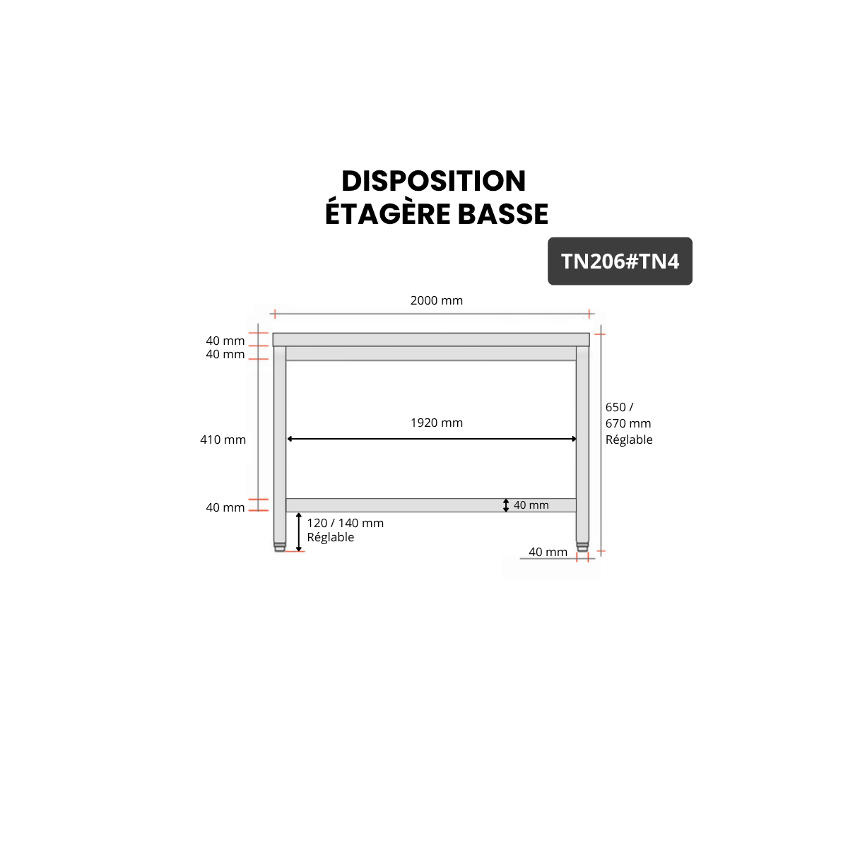 Table inox soubassement 2000 x 600 mm / GOLDINOX