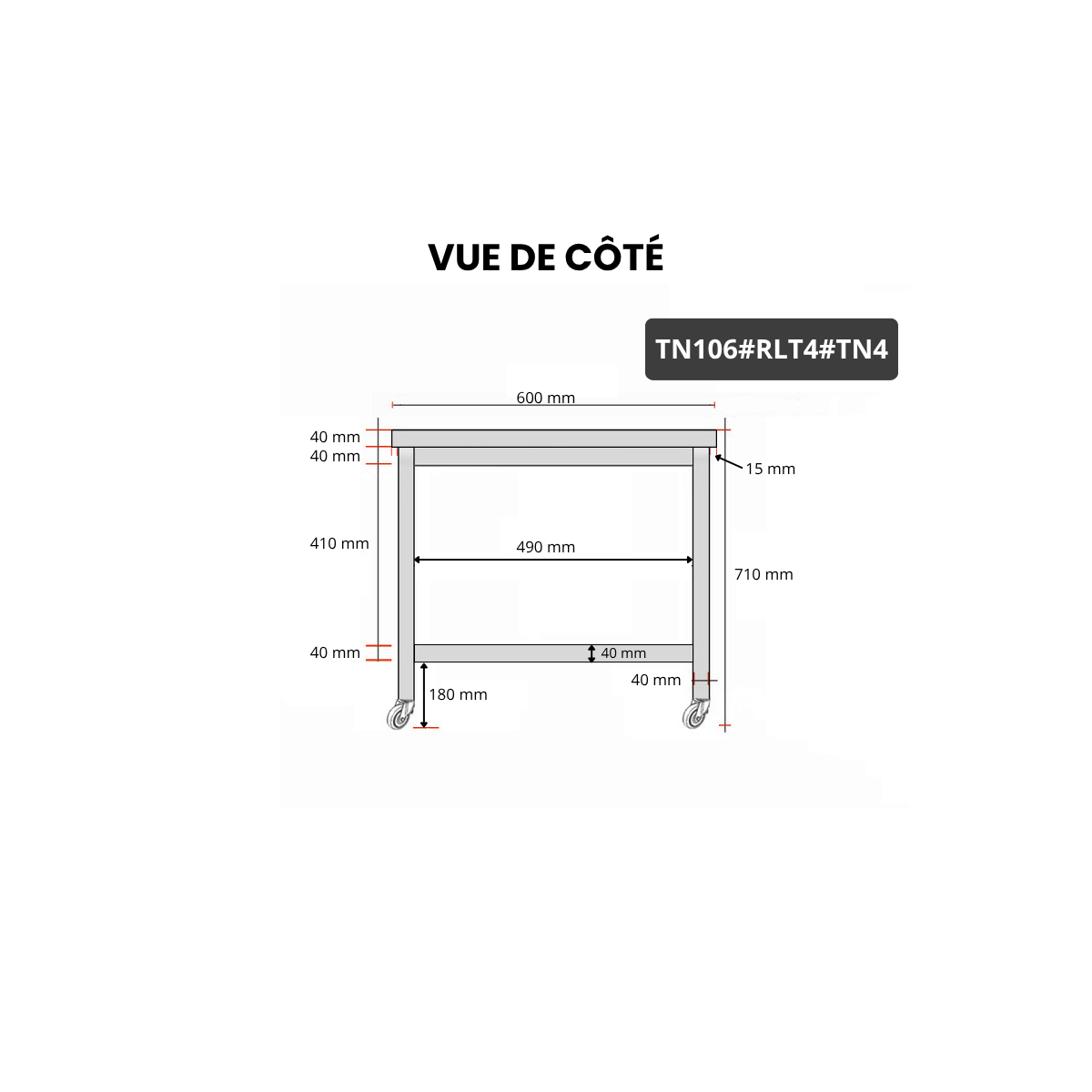 Table inox soubassement 1000 x 600 mm sur roulettes / GOLDINOX