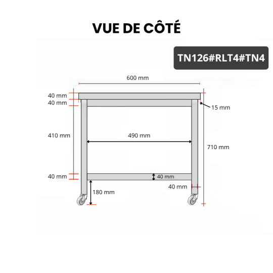 Table inox soubassement 1200 x 600 mm sur roulettes / GOLDINOX