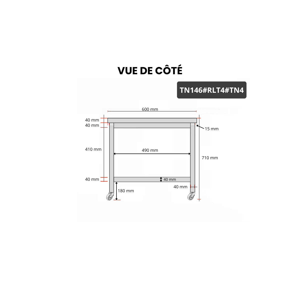 Table inox soubassement 1400 x 600 mm sur roulettes / GOLDINOX