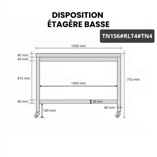Table inox soubassement 1500 x 600 mm sur roulettes / GOLDINOX