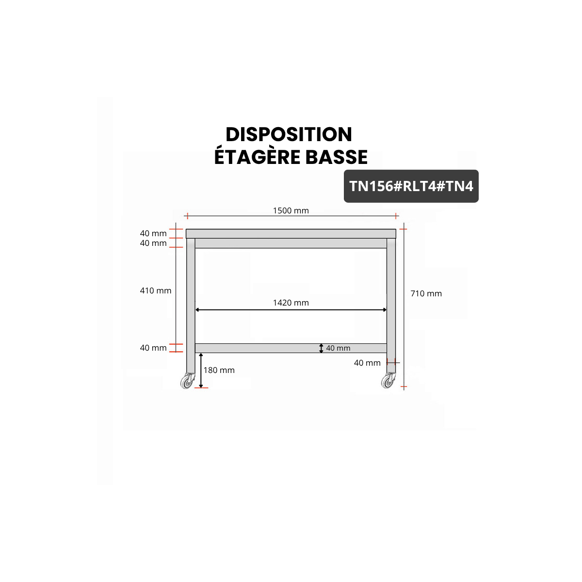 Table inox soubassement 1500 x 600 mm sur roulettes / GOLDINOX