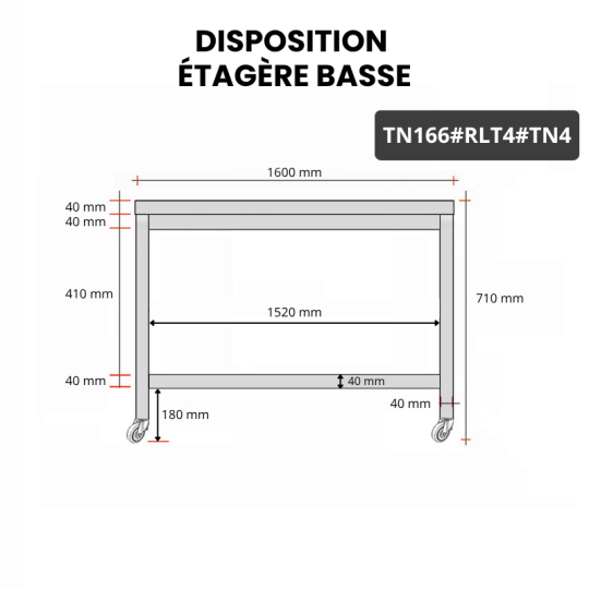Table inox soubassement 1600 x 600 mm sur roulettes / GOLDINOX
