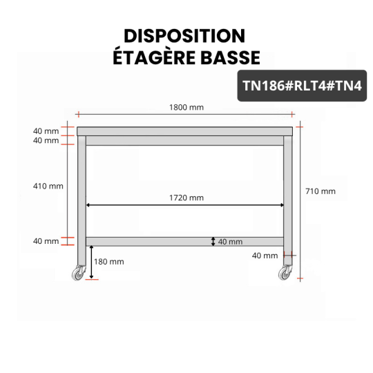 Table inox soubassement 1800 x 600 mm sur roulettes / GOLDINOX